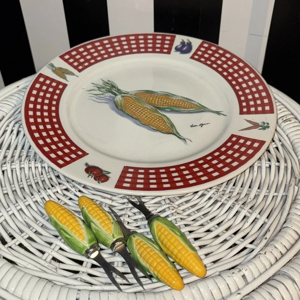Red Gingham Corn Plate & Ceramic Corn Shaped holders / Small Forks Vintage 80s
